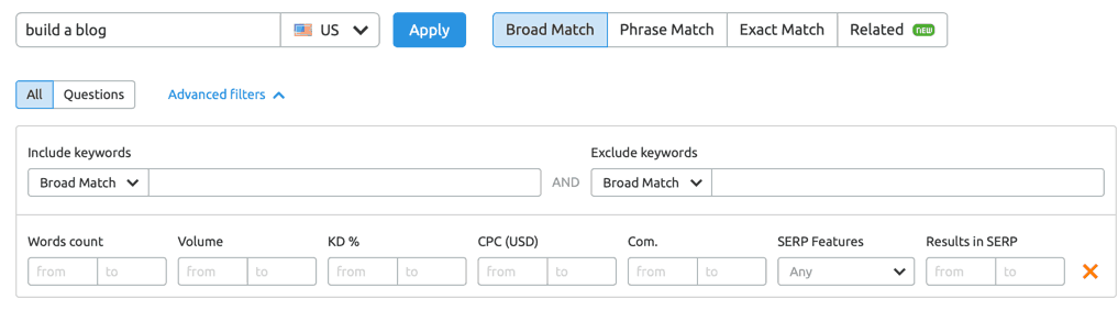 Фильтры SEMrush Keyword Magic Tool