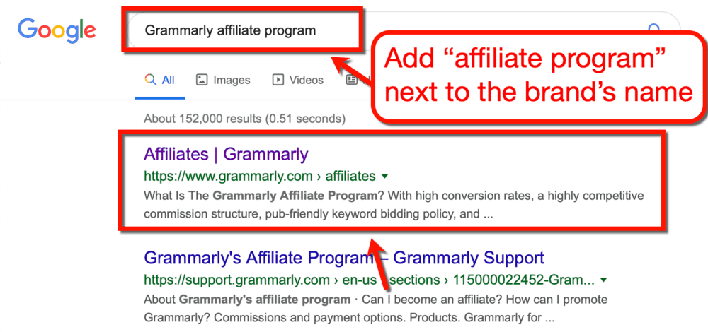 Programme d'affiliation Grammarly Google SERP