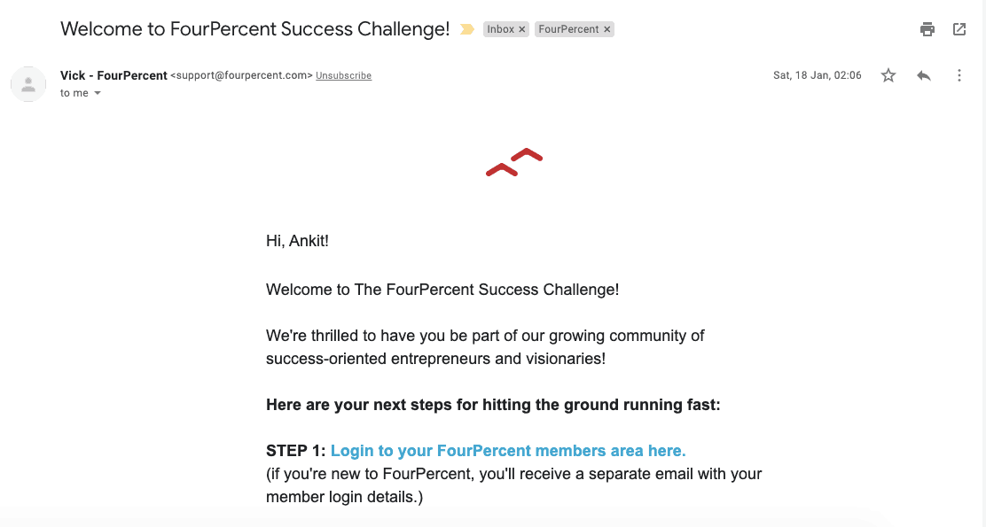 Email de boas-vindas do Fourpercent Success Challenge