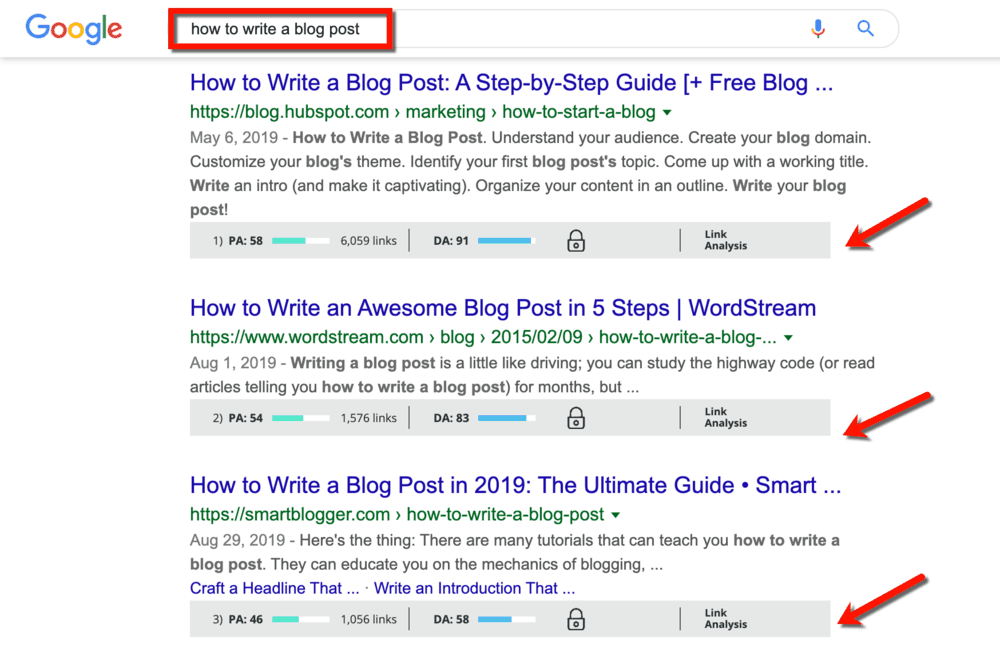 SERP com MozBar