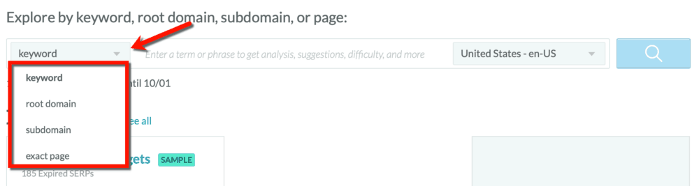 Opções do Moz Keyword Explorer