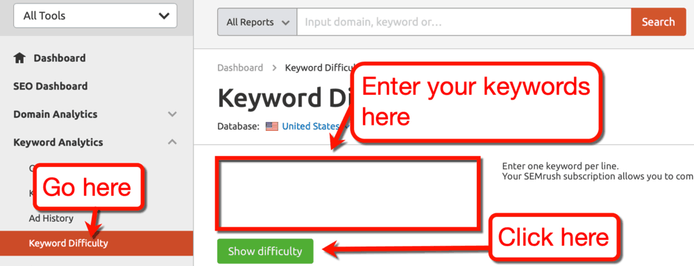 Ferramenta de dificuldade de palavras-chave SEMrush