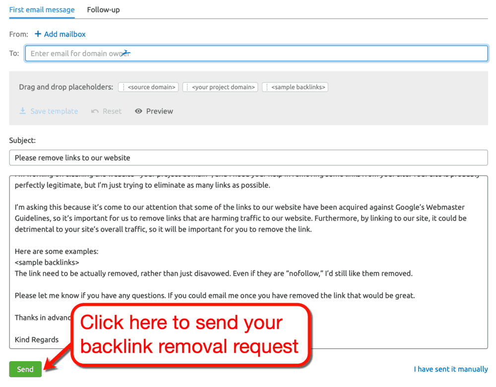 Modelo de email de remoção de backlink