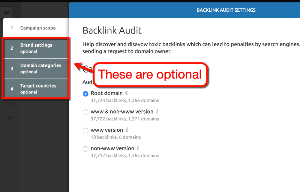 Configurações de auditoria de backlink opcionais