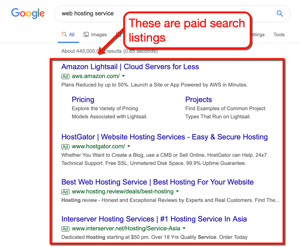 Rezultate căutare plătită a serviciului de găzduire web