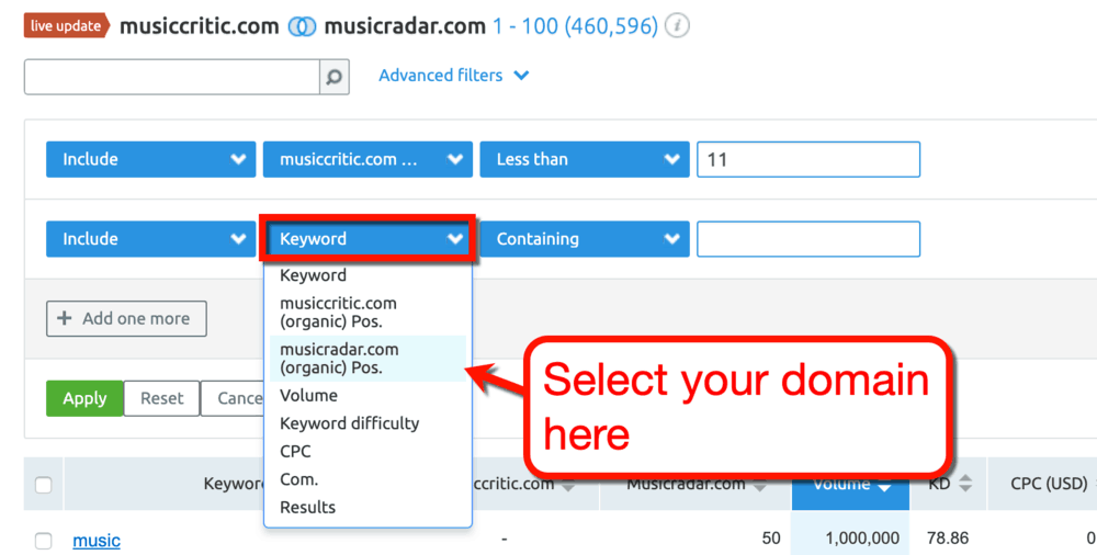 Keyword Gap Your Domain Position Filter