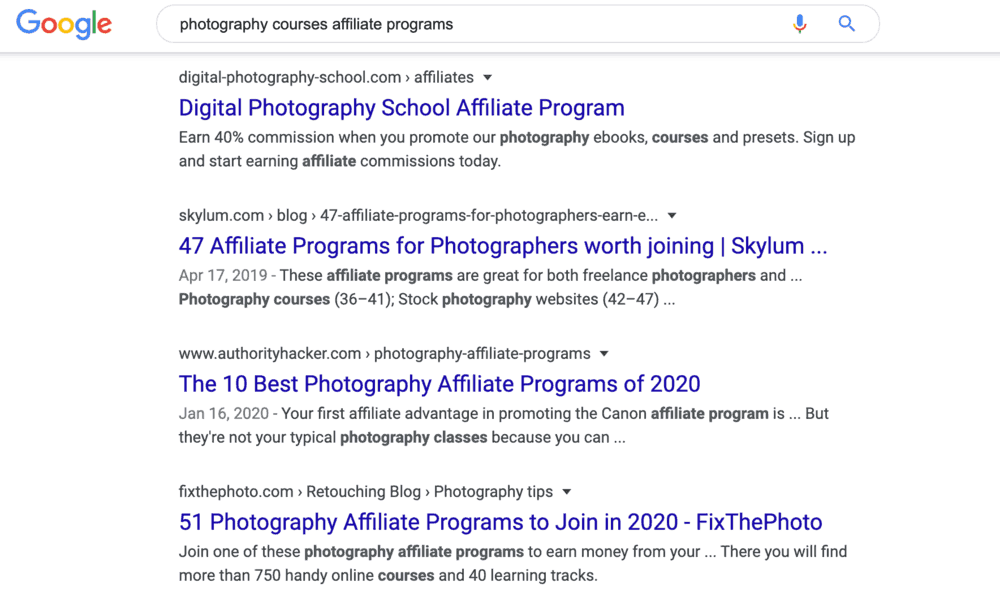Résultats de recherche Google pour les programmes d'affiliation de cours de photographie