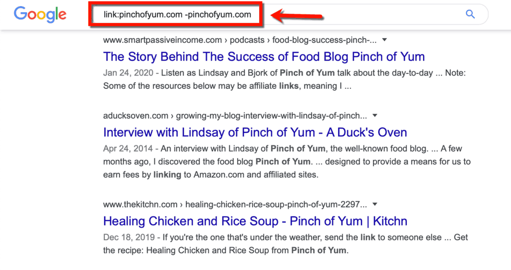 Google SERP Pinch of Yum în calitate de concurent