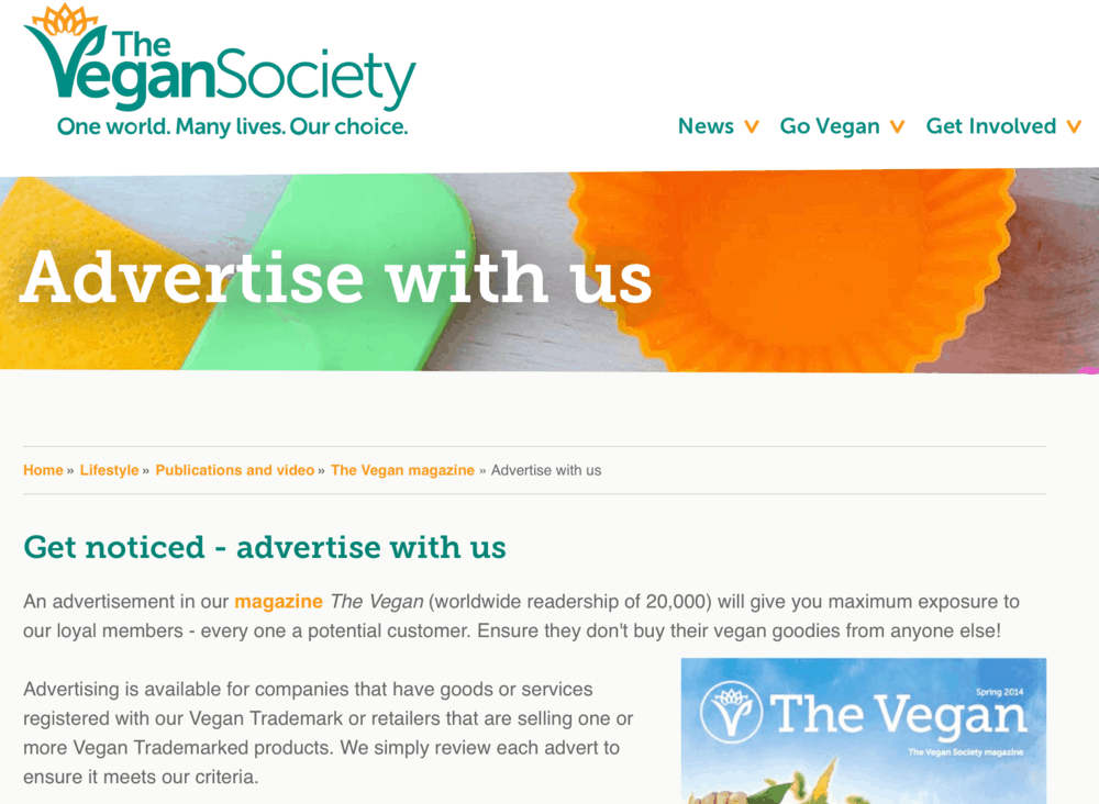 Página de Publicidad con Nosotros de la Vegan Society