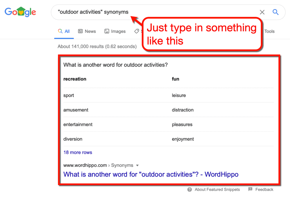 Căutați sinonime pe Google