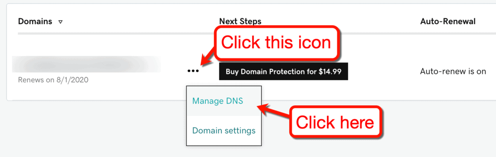 Bouton Gérer DNS de GoDaddy