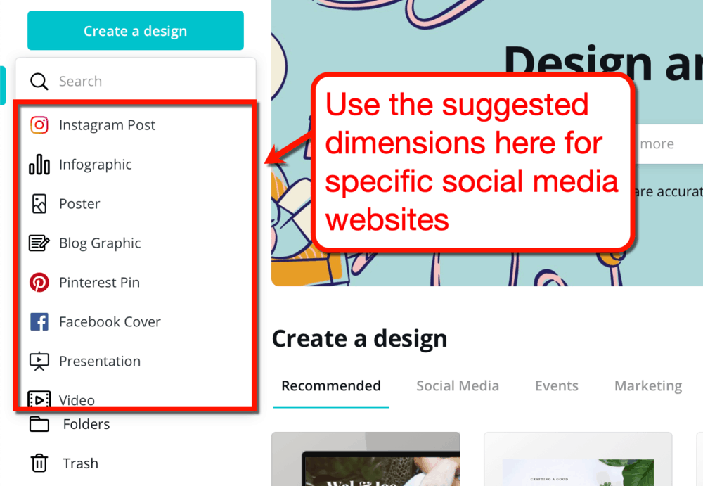 Dimensions préréglées Canva