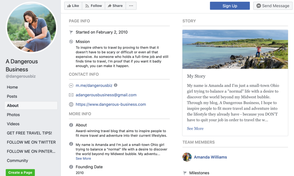 Facebook危险的商务旅行博客页面