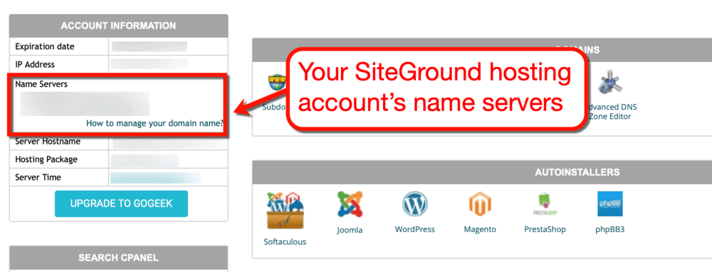 Serveurs de noms des détails du compte SiteGround