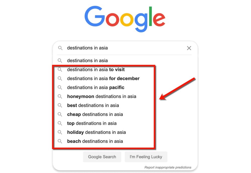 Destinations de recherche Google en Asie