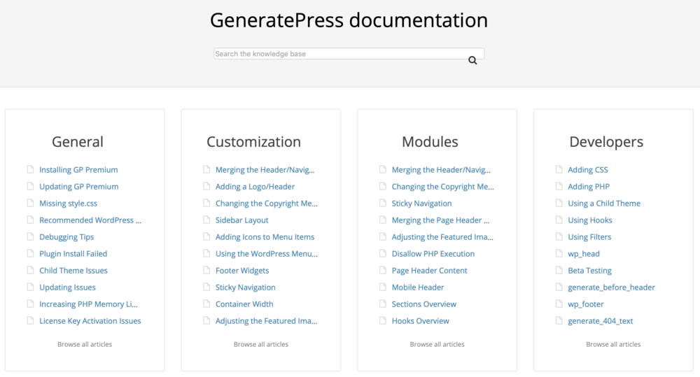 Página de documentação do GeneratePress