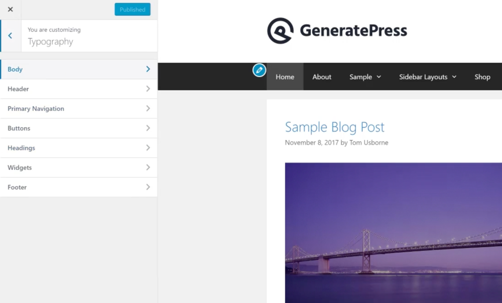Configurações de tipografia do GeneratePress