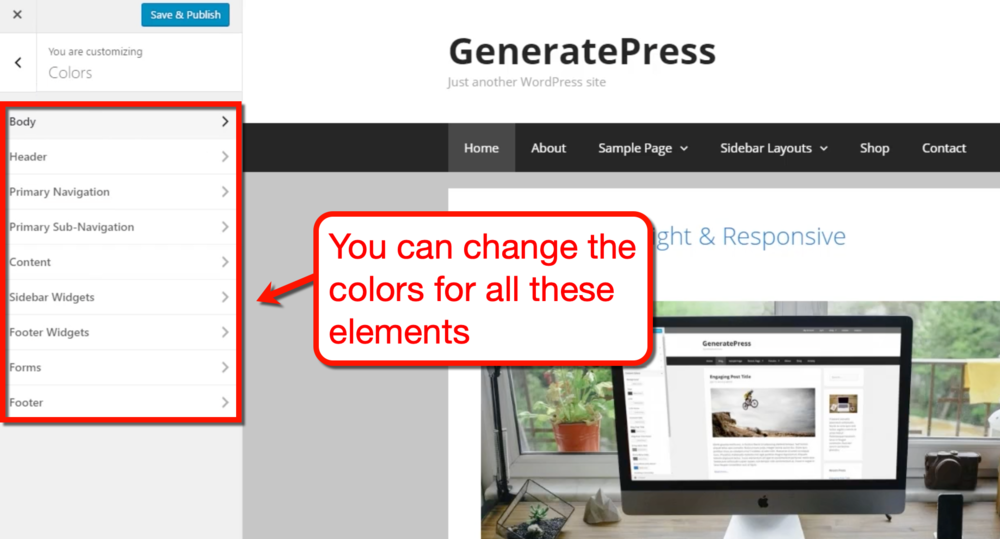 Opções de cores do GeneratePress