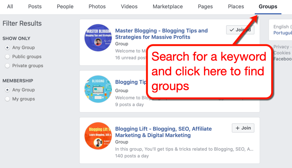 ค้นหา Facebook Groups