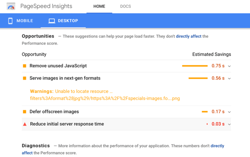 Sugestões do PageSpeed ​​Insights