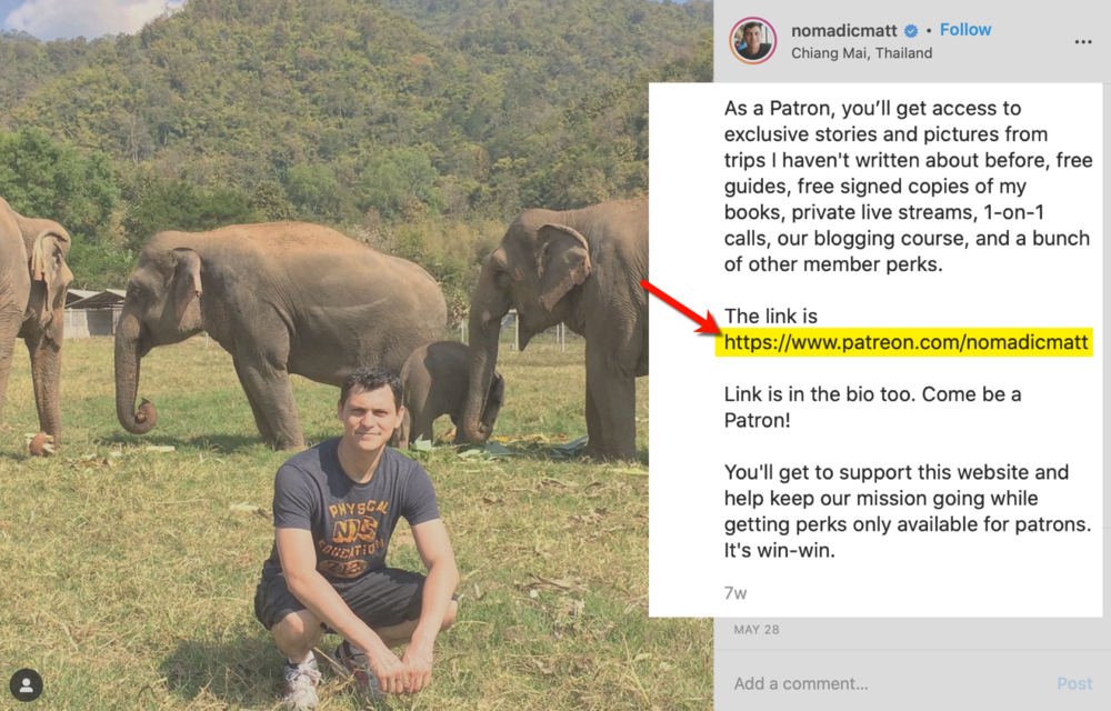 Как Nomadic Matt размещает ссылки в сообщениях Instagram