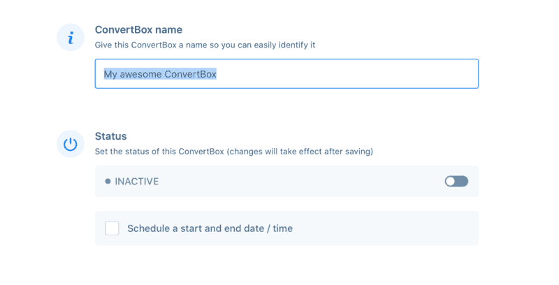 Configurações de inicialização do ConvertBox