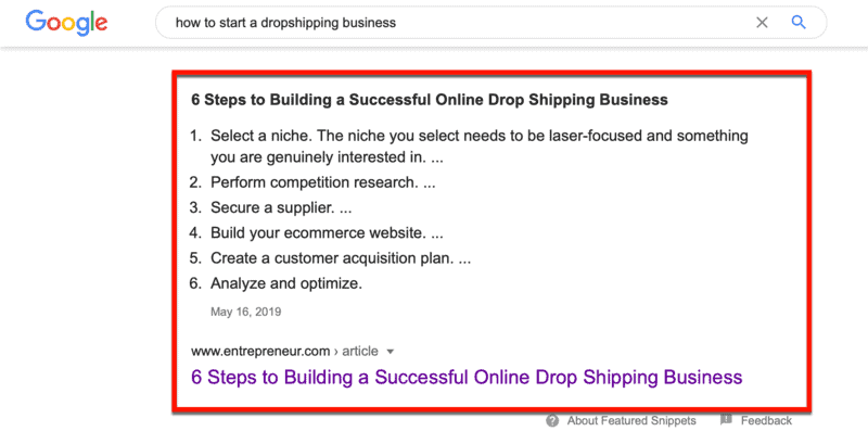 Article d'entrepreneur sur Google SERP