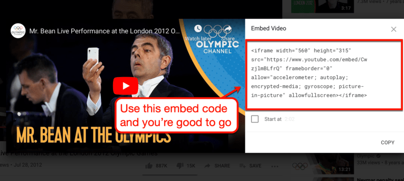 Le code intégré d'une vidéo YouTube