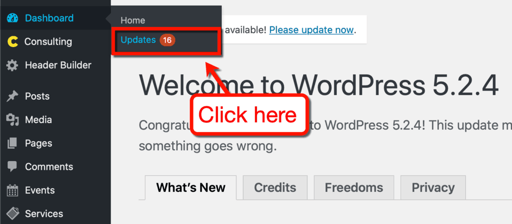 Meniul Actualizări WordPress
