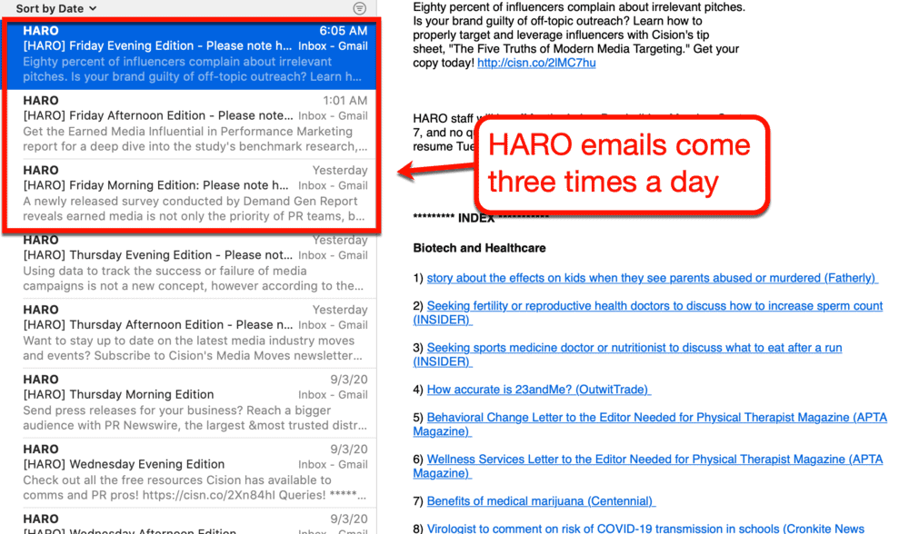 Calendrier des courriels HARO