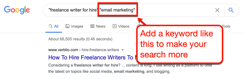 Căutare Google pentru scriitori de marketing prin e-mail