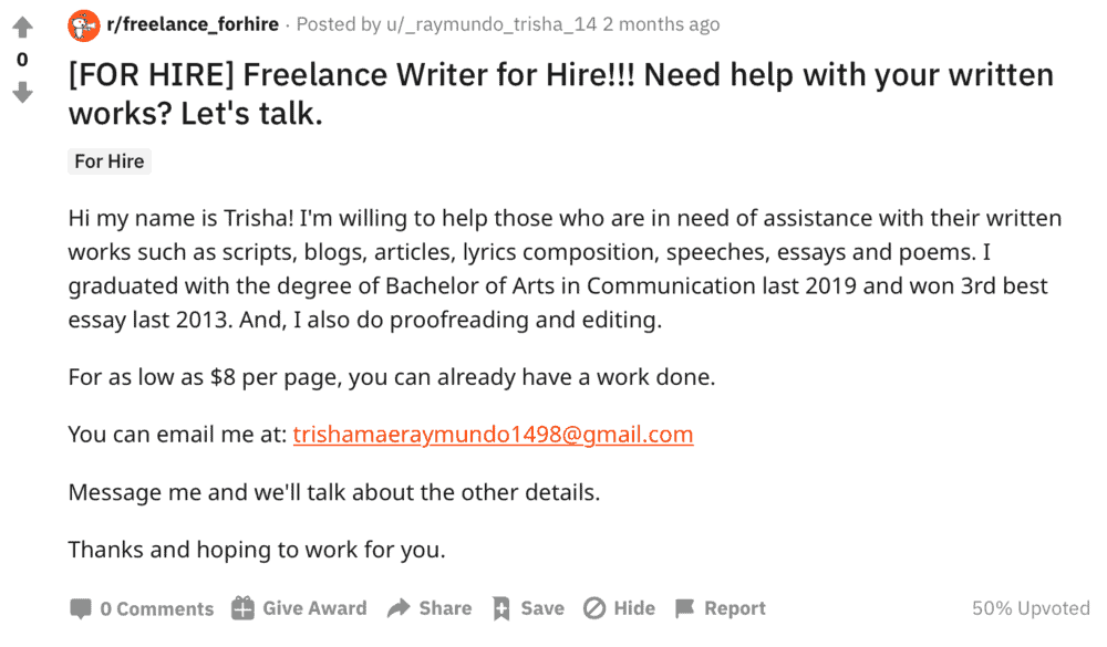 Escritor freelance para contratar no Reddit