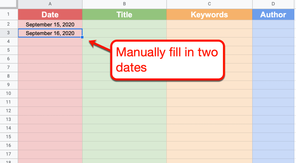 Hojas de cálculo de Google agregando manualmente las dos primeras fechas