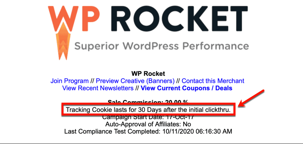 Продолжительность партнерского cookie WP Rocket