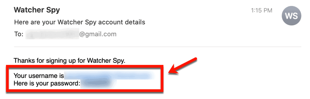 อีเมลรายละเอียดบัญชี WatcherSpy