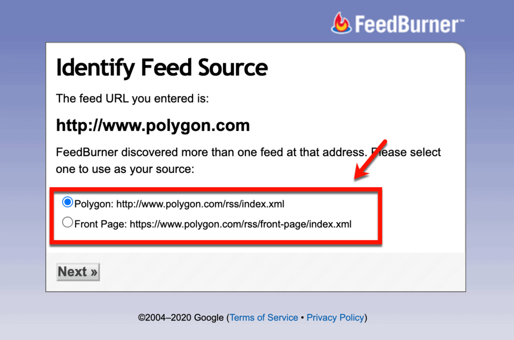 Linki do kanałów RSS firmy Polygon za pośrednictwem usługi FeedBurner