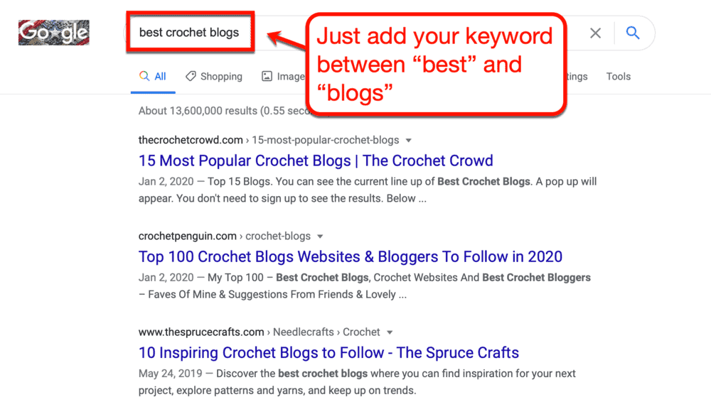Rechercher les meilleurs blogs de crochet sur Google