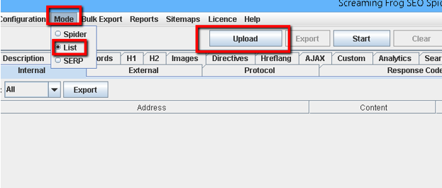 Screaming Frog - cargando la lista de URL