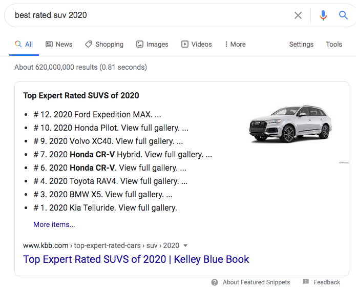 Bestbewertetes SUV 2020 Google-Snippet