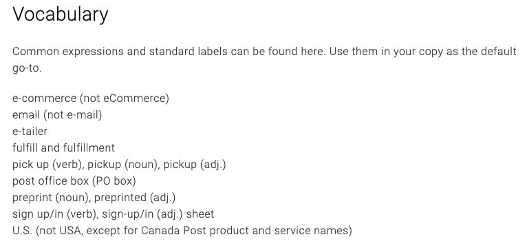 canadapost สไตล์คำแนะนำคำศัพท์ตัวอย่าง