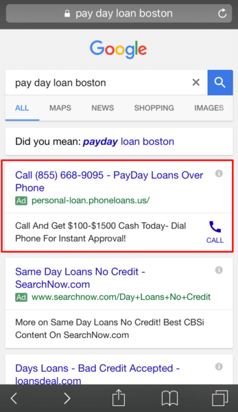这个来自personal-loan.phoneloans.com的仅允许致电的广告将连接到CashNetUSA呼叫中心。