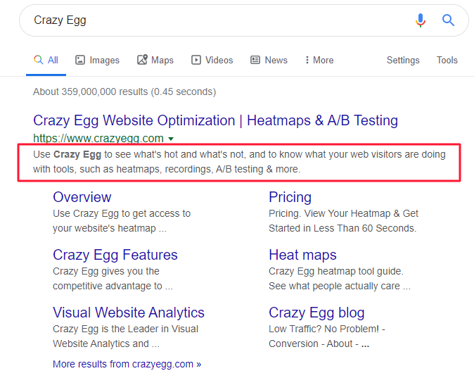 Meta descrizione della homepage di Crazy Egg