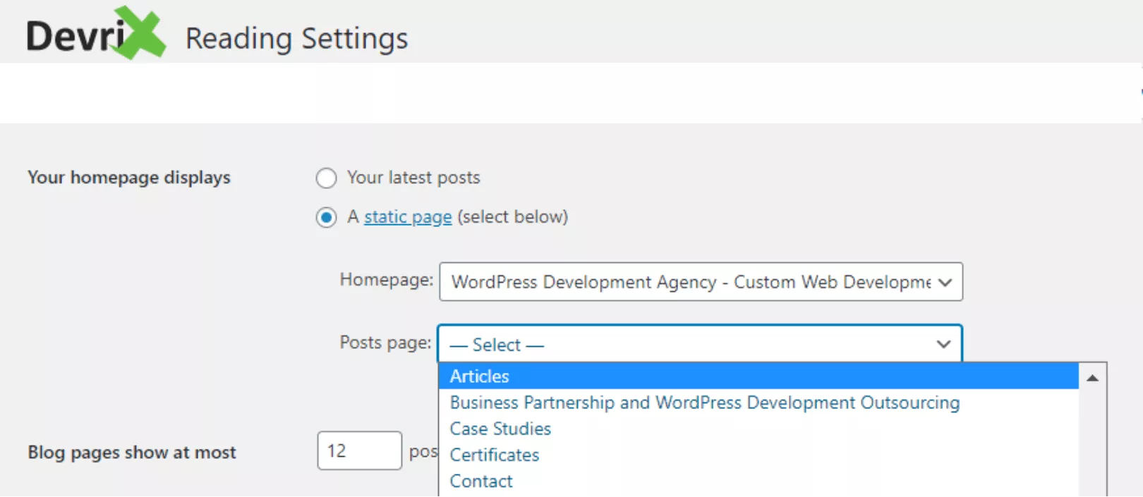 WordPress 관리자 패널 읽기 설정