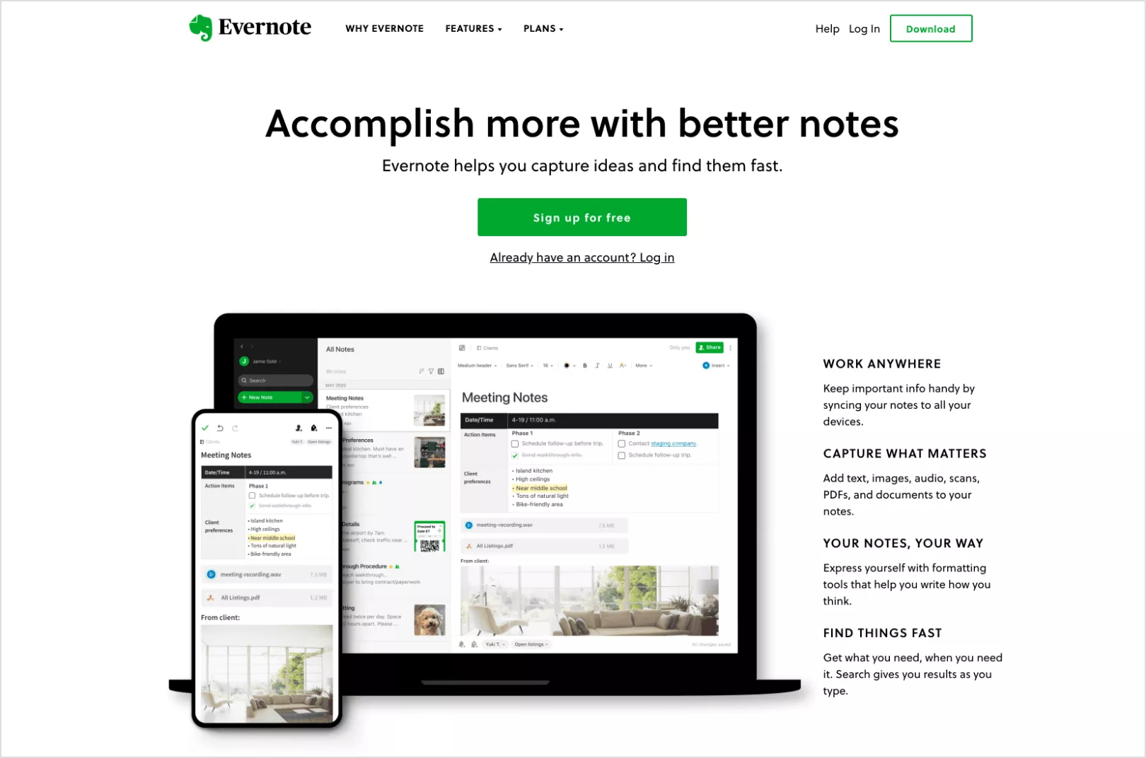 Скриншот домашней страницы Evernote
