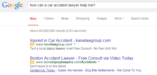 Screenshot di marketing di uno studio legale di annunci sulle SERP