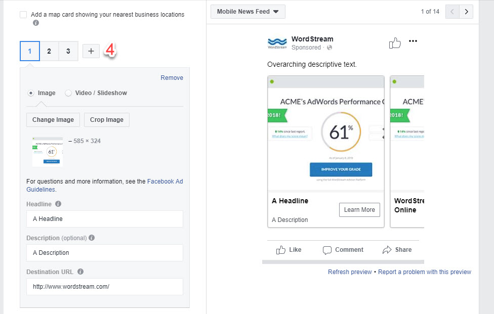 Karty reklam karuzeli Facebooka