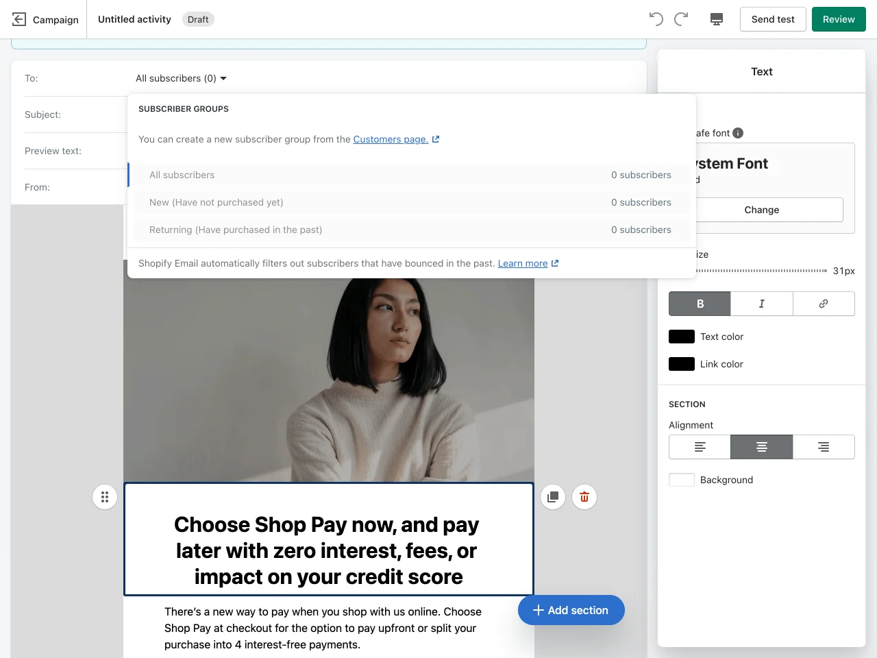 Sie können Ihren Shopify E-Mail-Newsletter schnell in einem benutzerfreundlichen Editor anpassen