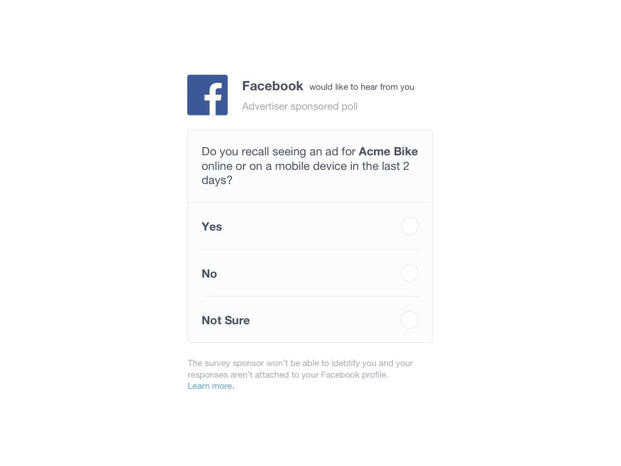Facebook에서 실시한 브랜드 광고효과 설문조사의 예