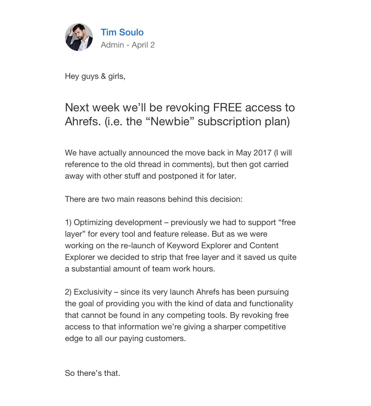 Объявление о повышении цен Ahrefs на странице в Facebook