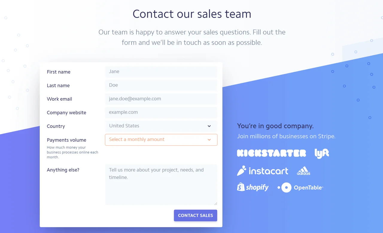 Kontaktformular Beispiel von der Stripe-Website